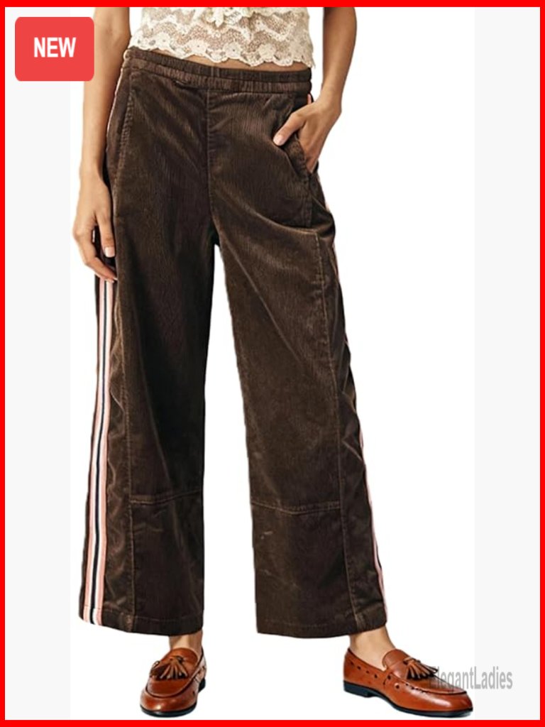 Corduroy Wide Leg Pants Elastic Waist Cropped Trousers With Pockets